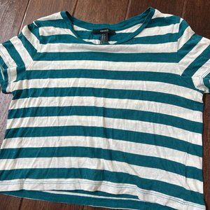 Forever 21 Stripped Teal and White Cropped Tee Shirt